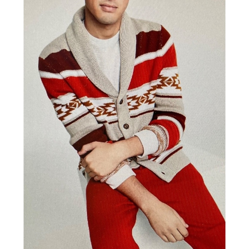 SUN + STONE Mens Multicolor Aztec Knit Cardigan Cotton Button Up, L